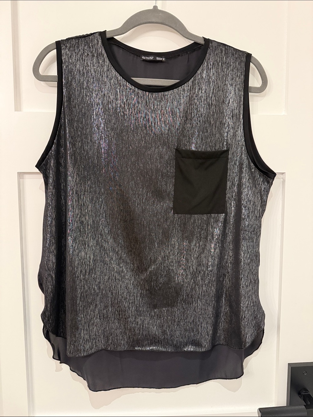 ZARA Sleeveless Metallic Sheen Pocket Tank Top - Black